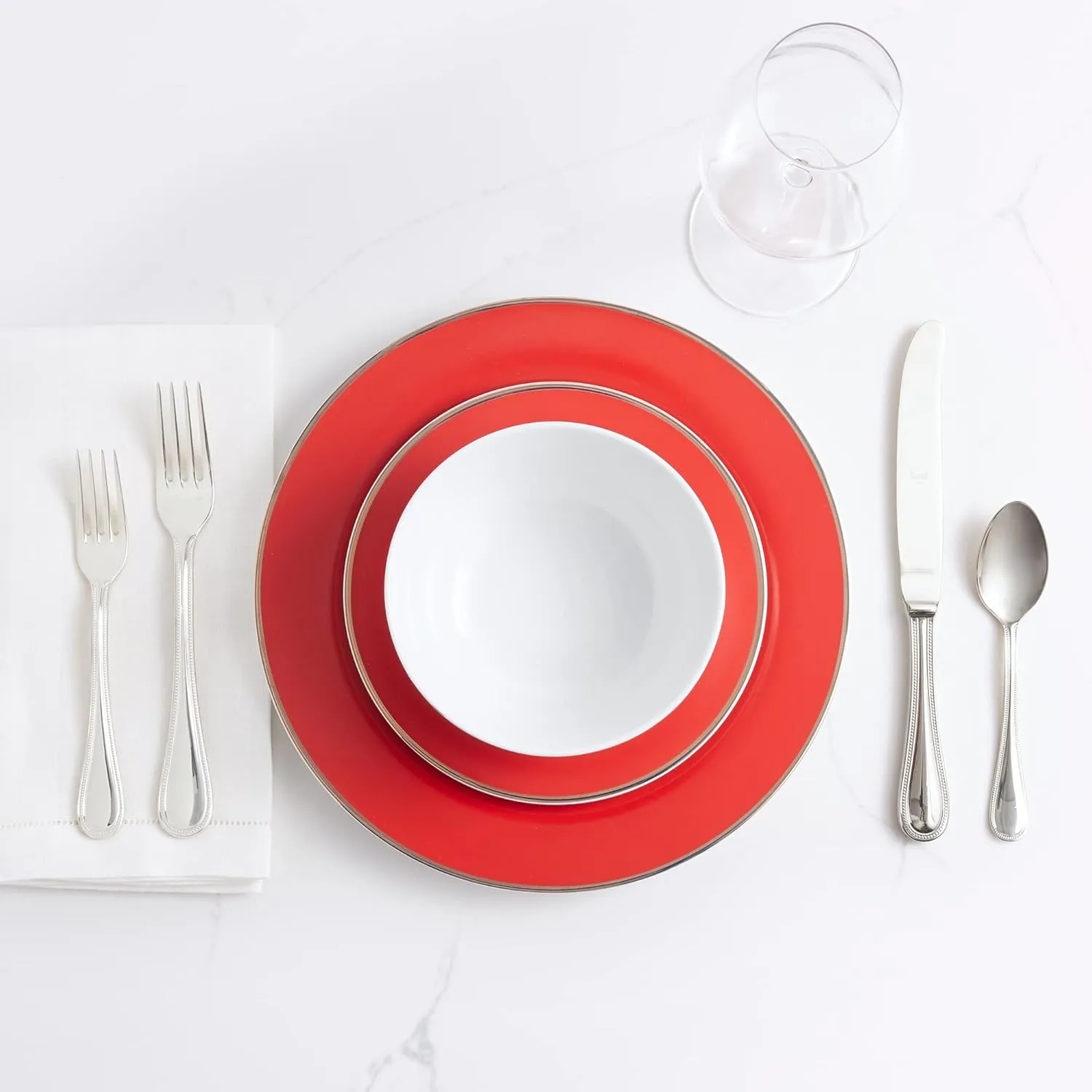 Martha Stewart Gracie Lane 12-Piece Porcelain Chip and Scratch Resistant Decorated Dinnerware Set - Redw/Gold Rim