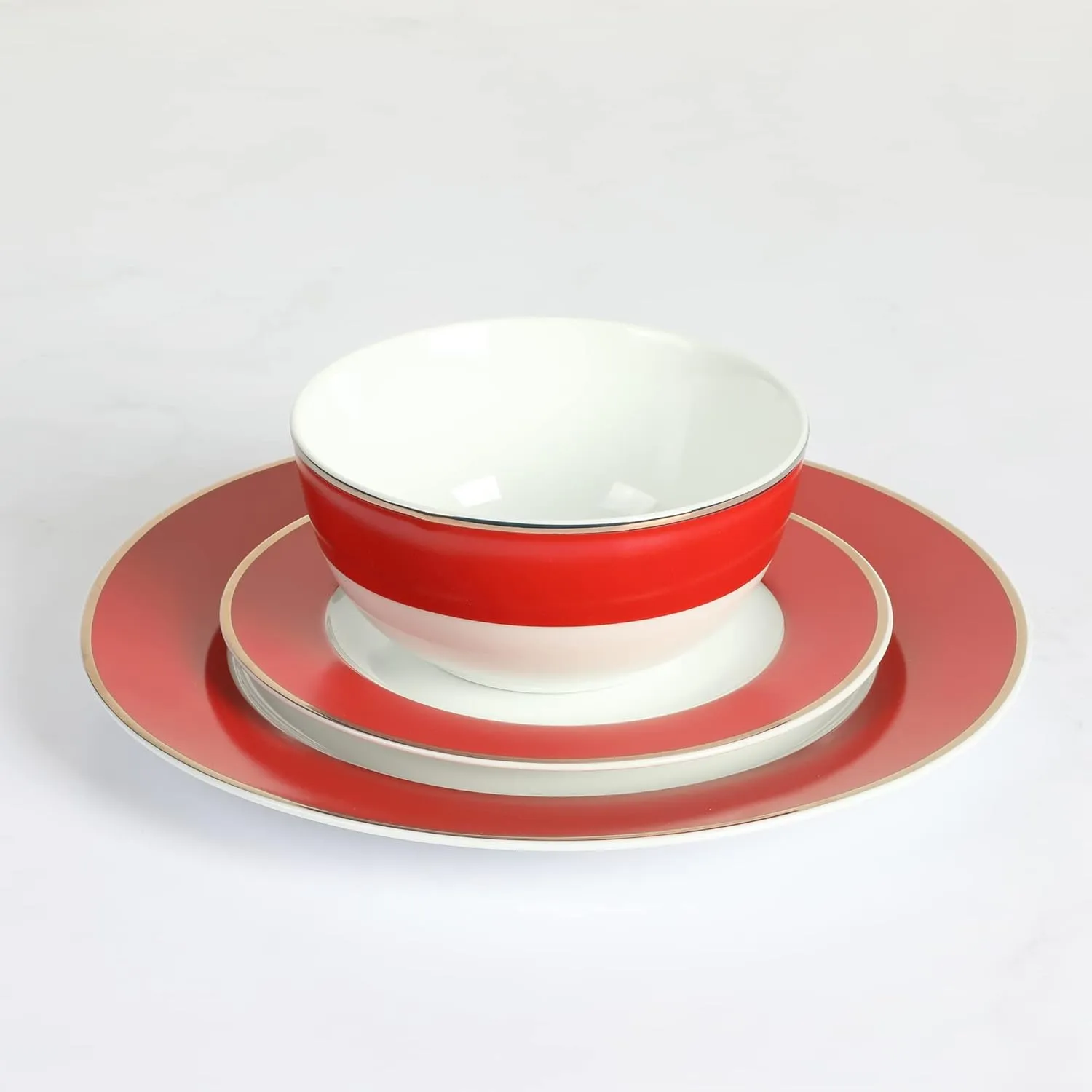 Martha Stewart Gracie Lane 12-Piece Porcelain Chip and Scratch Resistant Decorated Dinnerware Set - Redw/Gold Rim