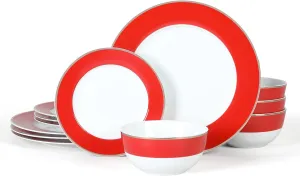 Martha Stewart Gracie Lane 12-Piece Porcelain Chip and Scratch Resistant Decorated Dinnerware Set - Redw/Gold Rim