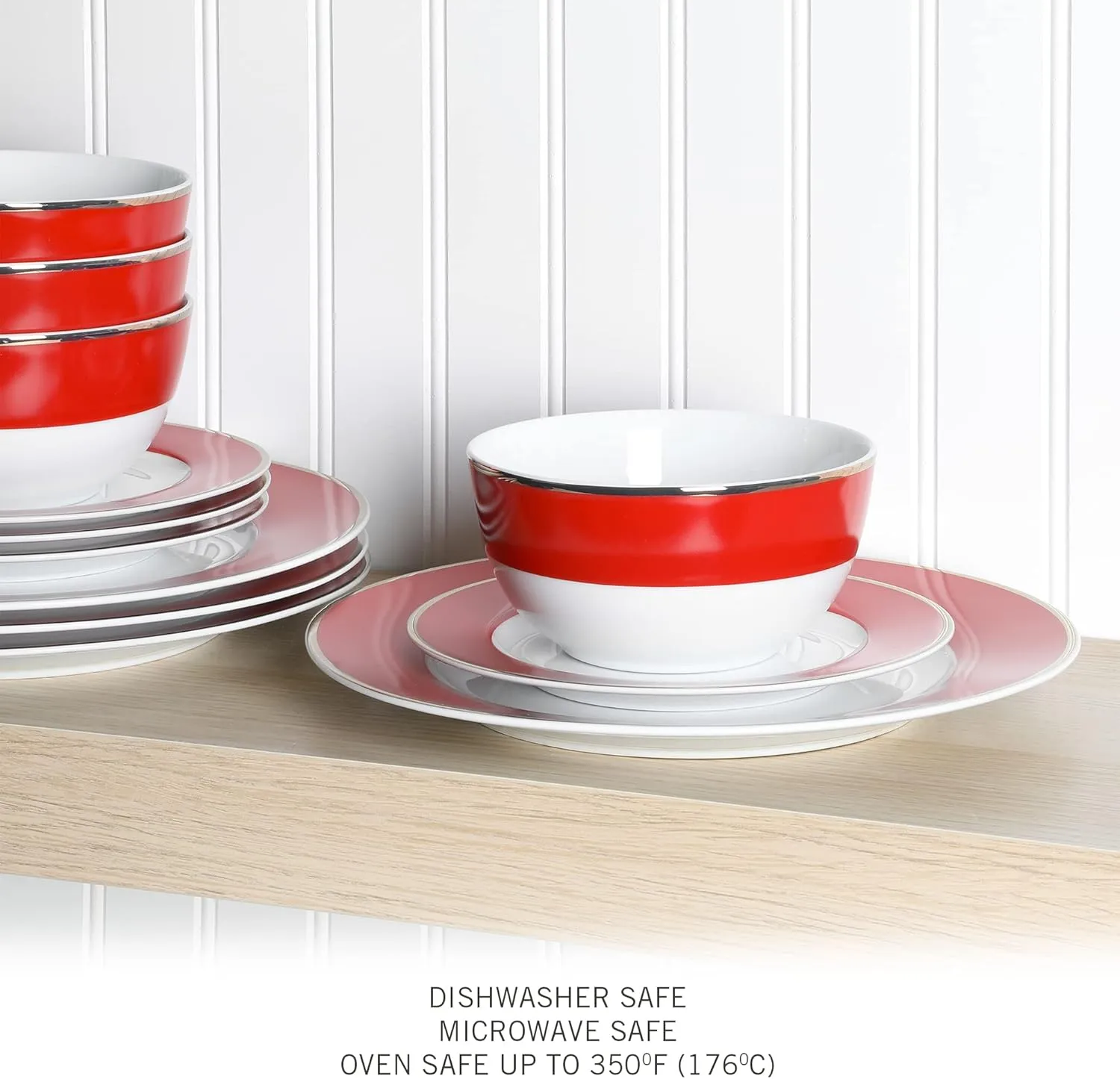 Martha Stewart Gracie Lane 12-Piece Porcelain Chip and Scratch Resistant Decorated Dinnerware Set - Redw/Gold Rim