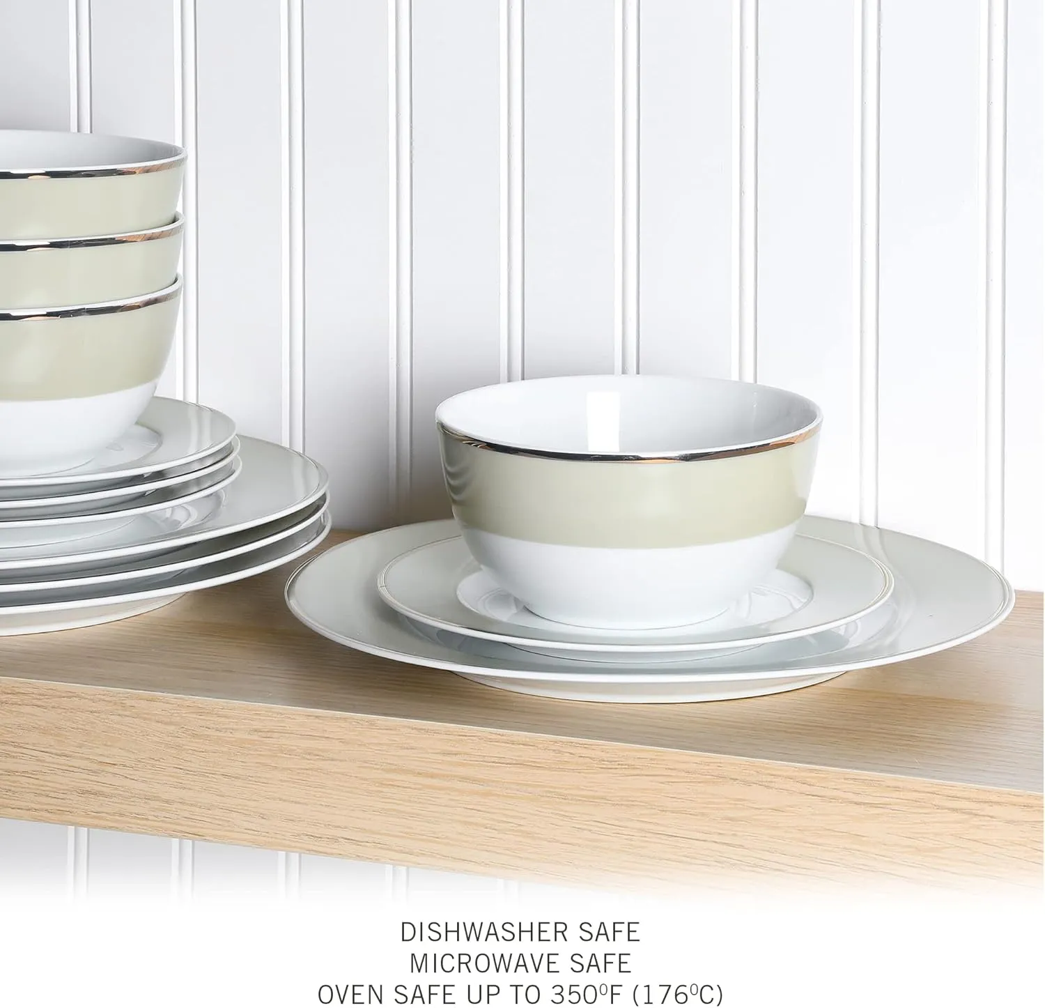 Martha Stewart Gracie Lane 12-Piece Porcelain Chip and Scratch Resistant Decorated Dinnerware Set - Sharkey Grey w/Gold Rim