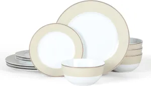Martha Stewart Gracie Lane 12-Piece Porcelain Chip and Scratch Resistant Decorated Dinnerware Set - Sharkey Grey w/Gold Rim