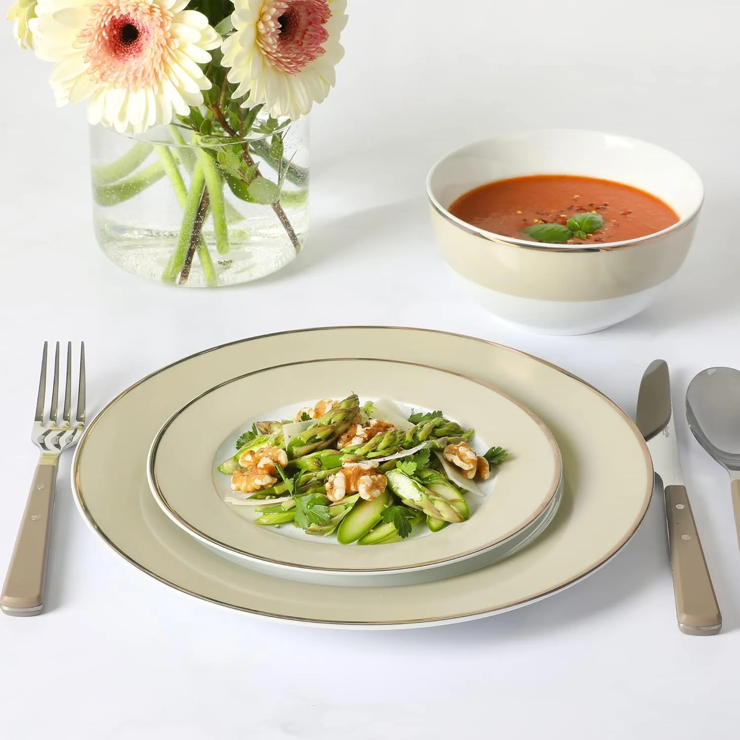 Martha Stewart Gracie Lane 12-Piece Porcelain Chip and Scratch Resistant Decorated Dinnerware Set - Sharkey Grey w/Gold Rim