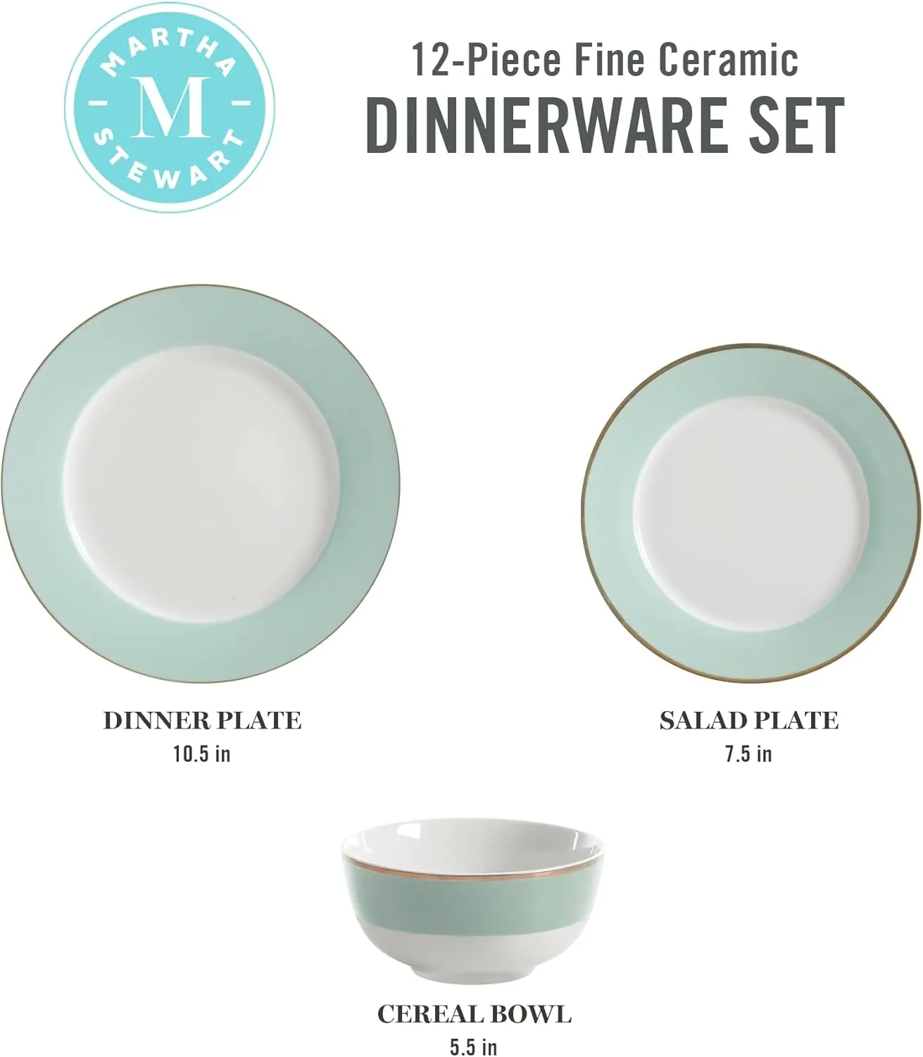 Martha Stewart Gracie Lane Porcelain Decorated Dinnerware Set - Martha Blue w/Gold Rim, Service for 4 (12pcs)