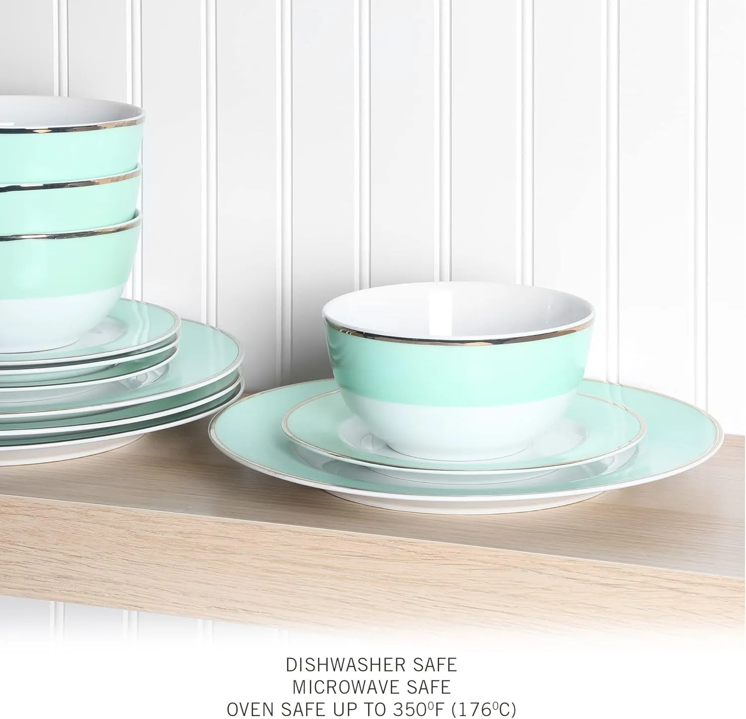 Martha Stewart Gracie Lane Porcelain Decorated Dinnerware Set - Martha Blue w/Gold Rim, Service for 4 (12pcs)
