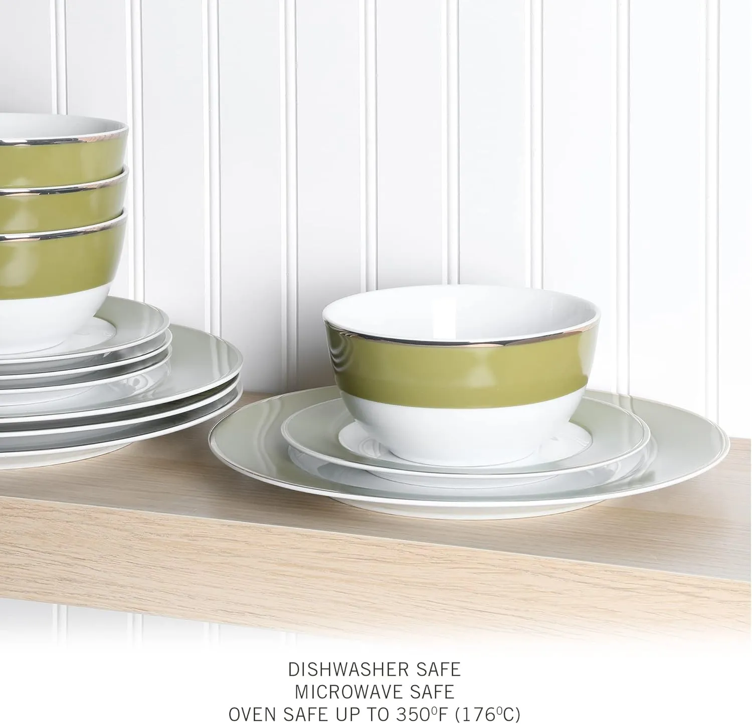 Martha Stewart Gracie Lane Porcelain Decorated Dinnerware Set - Olive Green w/Gold Rim, Service for 4 (12pcs)