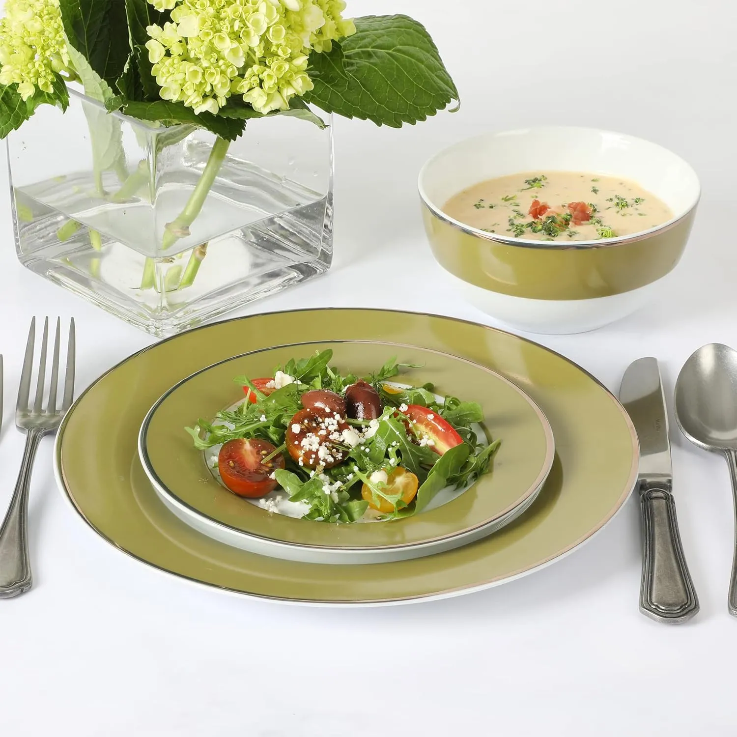 Martha Stewart Gracie Lane Porcelain Decorated Dinnerware Set - Olive Green w/Gold Rim, Service for 4 (12pcs)