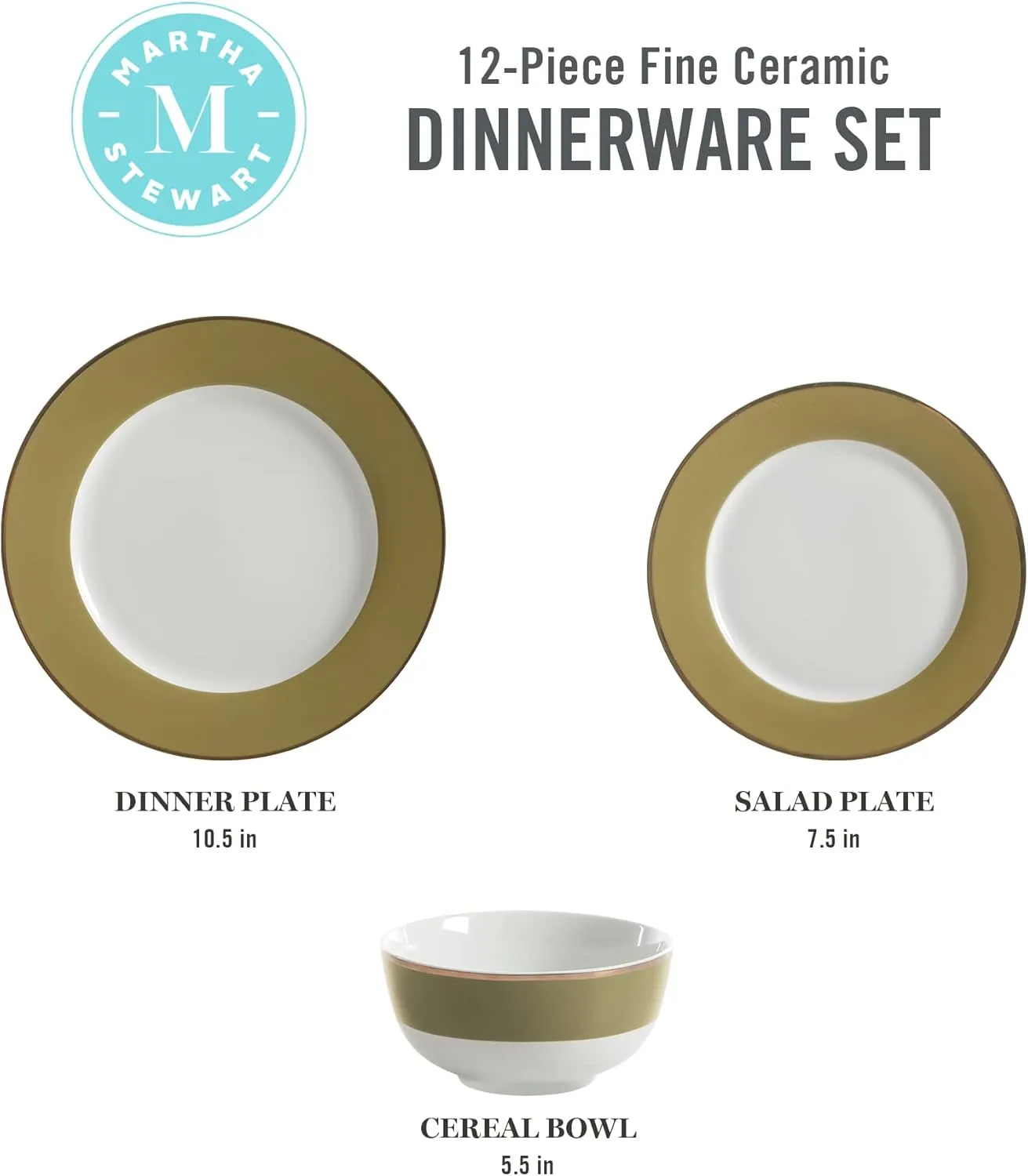 Martha Stewart Gracie Lane Porcelain Decorated Dinnerware Set - Olive Green w/Gold Rim, Service for 4 (12pcs)
