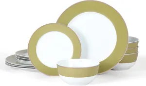 Martha Stewart Gracie Lane Porcelain Decorated Dinnerware Set - Olive Green w/Gold Rim, Service for 4 (12pcs)