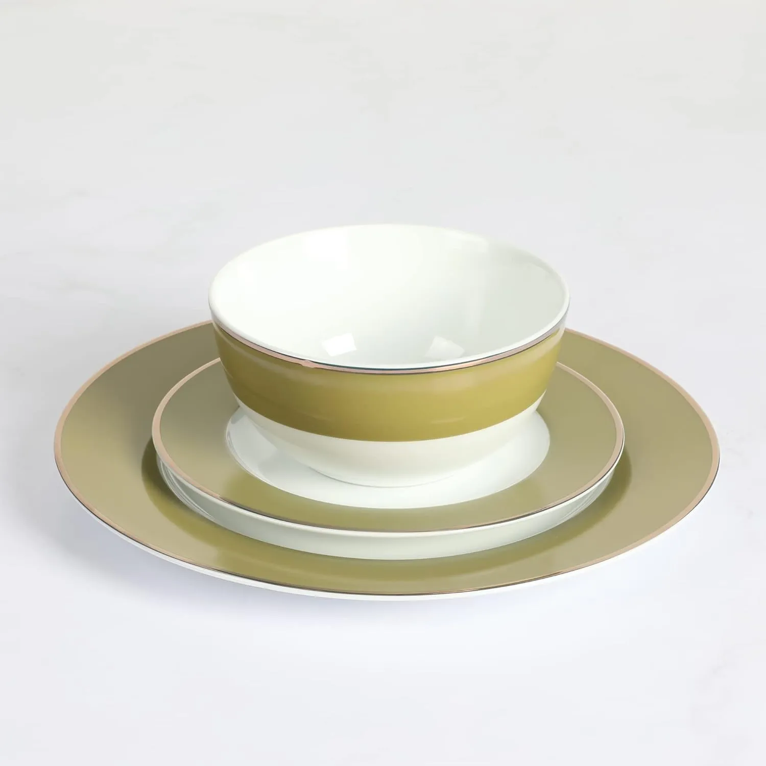 Martha Stewart Gracie Lane Porcelain Decorated Dinnerware Set - Olive Green w/Gold Rim, Service for 4 (12pcs)