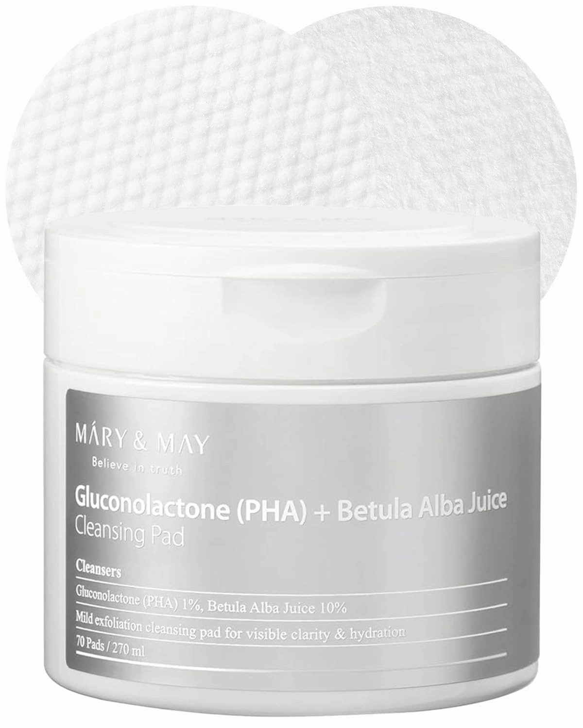 Mary&May Gluconolactone   Betula Alba Juice Cleansing Pad - One-Step, PHA Low-Acidic Exfoliating Makeup Remover Pad for Clear, Hydrated Skin, 70 Sheets