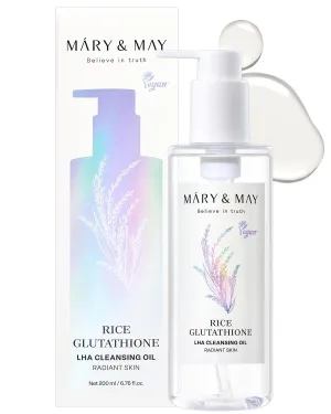 Mary&May Rice Glutathione LHA Cleansing Oil - Deep Pore Cleansing, Blackhead & Whitehead Removal - Korean Makeup Remover with Rice Bran Oil, Gentle Exfoliation, Clean Beauty, 6.76 fl.oz.