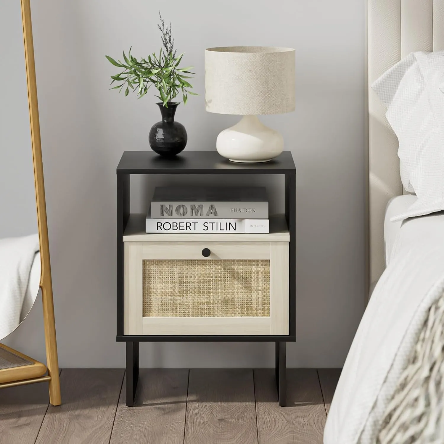 Masupu Boho Night Stand, Small Rattan Side Table, Wood Nightstand with Drawer and White Oak Shelf, Bedside Table, End Table for Bedroom,Living Room,Office (Black Frame)