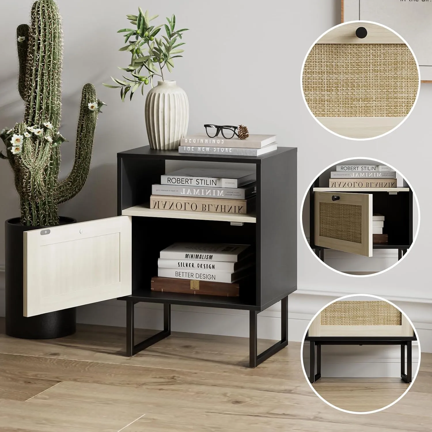 Masupu Boho Night Stand, Small Rattan Side Table, Wood Nightstand with Drawer and White Oak Shelf, Bedside Table, End Table for Bedroom,Living Room,Office (Black Frame)