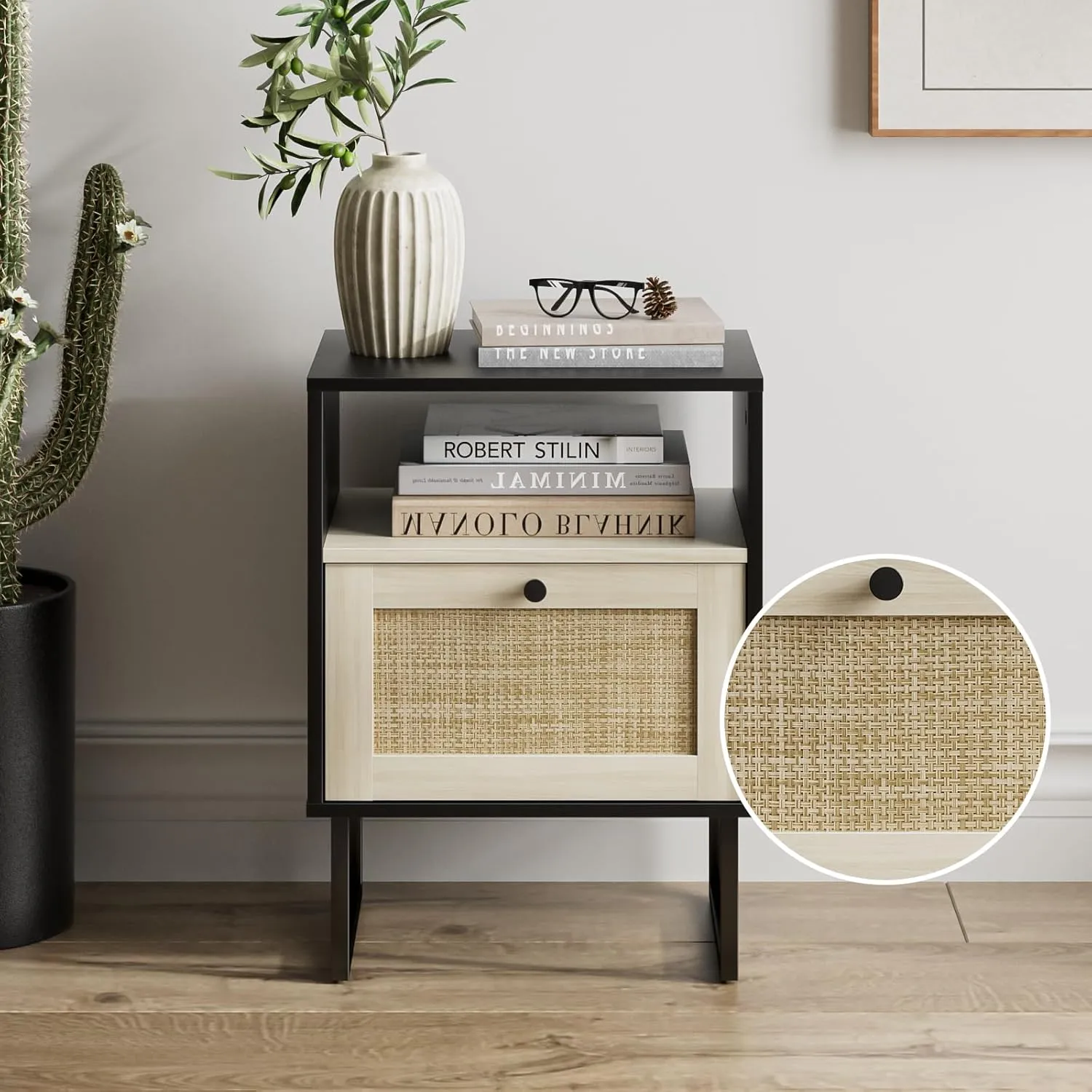 Masupu Boho Night Stand, Small Rattan Side Table, Wood Nightstand with Drawer and White Oak Shelf, Bedside Table, End Table for Bedroom,Living Room,Office (Black Frame)