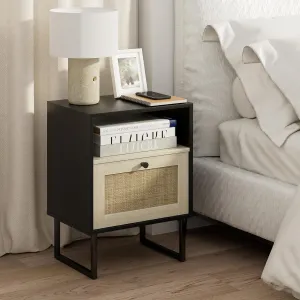 Masupu Boho Night Stand, Small Rattan Side Table, Wood Nightstand with Drawer and White Oak Shelf, Bedside Table, End Table for Bedroom,Living Room,Office (Black Frame)