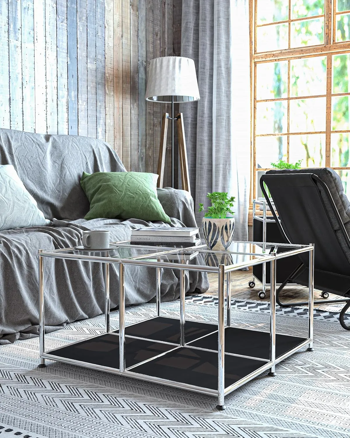 Matte Coffee Table with Open Storage, Square Tempered Glass Storage Rolling Coffee Table, Modern Design for Living Room, Meeting Room (Black)