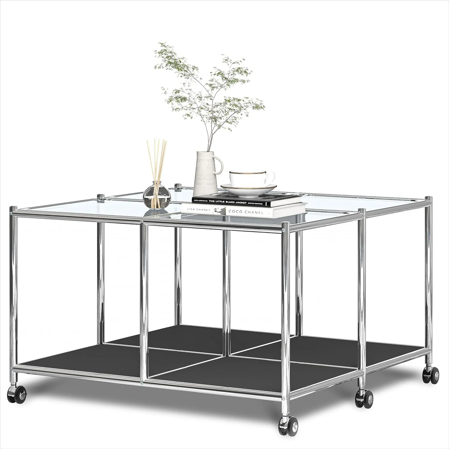 Matte Coffee Table with Open Storage, Square Tempered Glass Storage Rolling Coffee Table, Modern Design for Living Room, Meeting Room (Black)