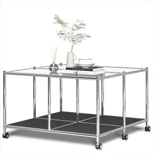 Matte Coffee Table with Open Storage, Square Tempered Glass Storage Rolling Coffee Table, Modern Design for Living Room, Meeting Room (Black)