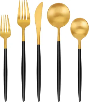 Matte Gold Silverware Set, SHARECOOK 20-Piece Stainless Steel Satin Finish Flatware Set Service for 4, Kitchen Utensil Set, Tableware Cutlery Set for Home and Restaurant, With Black Handle