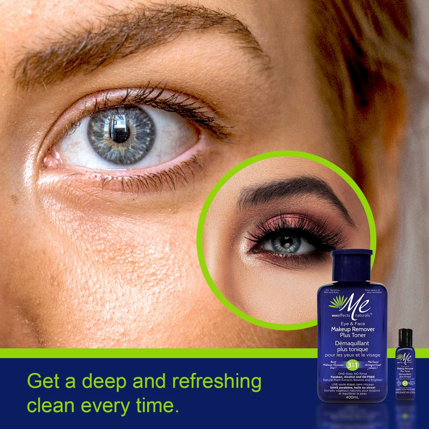 MAXEffects 3 in 1 Cleanser & Toning Liquid Micellar Cleansing Water - Face and Eye Makeup Remover Oil Free with Face Toner, All Natural, Oil and Alcohol Free, 13.5 fl oz
