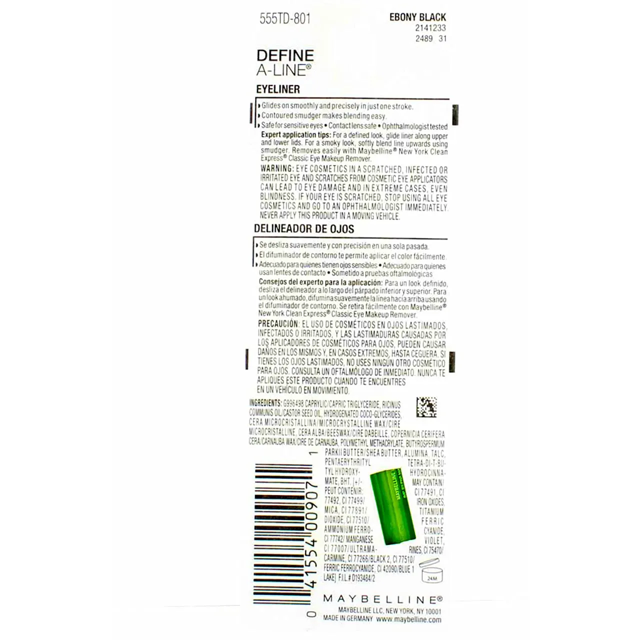 Maybelline Define-A-Line Eyeliner, Ebony Black [801], 1 ea (Pack of 3)