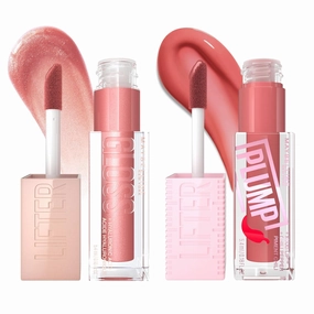 Maybelline Lifter Gloss and Lifter Plump Bundle, Hydrating, Pumping Lip Gloss in Shades Moon and Peach Fever, Pack of 2