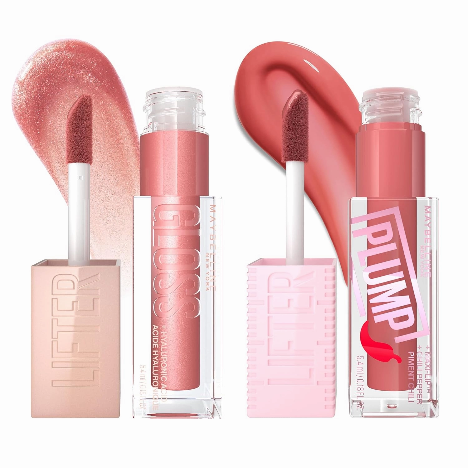 Maybelline Lifter Gloss and Lifter Plump Bundle, Hydrating, Pumping Lip Gloss in Shades Moon and Peach Fever, Pack of 2
