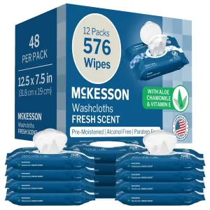 McKesson Washcloth Wipes for Adults, Scented (12 Pack, 576 Washcloths) Disposable Wash Cloths for Body - No-Rinse Formula with Snap Lid - Good for Incontinence and Elderly - 48 Wipes Per Pack