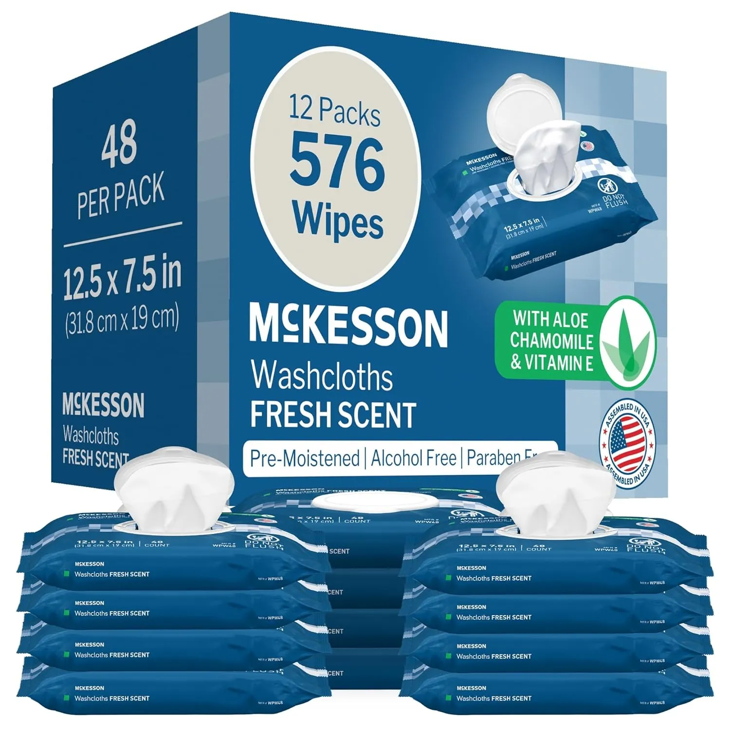 McKesson Washcloth Wipes for Adults, Scented (12 Pack, 576 Washcloths) Disposable Wash Cloths for Body - No-Rinse Formula with Snap Lid - Good for Incontinence and Elderly - 48 Wipes Per Pack