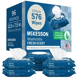McKesson Washcloth Wipes for Adults, Scented (6 Pack, 576 Washcloths) Disposable Wash Cloths for Body - No-Rinse Formula with Snap Lid - Good for Incontinence and Elderly - 96 Wipes Per Pack