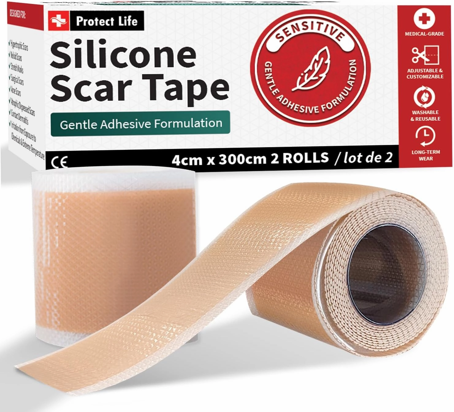 Medical-Grade Silicone Scar Tape Roll (1.6" x 118") Keloid Bump Removal Scar Sheets - Reusable Silicone Tape Scar Removal Strips, Scar Tape for Surgical Scars, C Section Scar Silicone Strips (2 Pack)