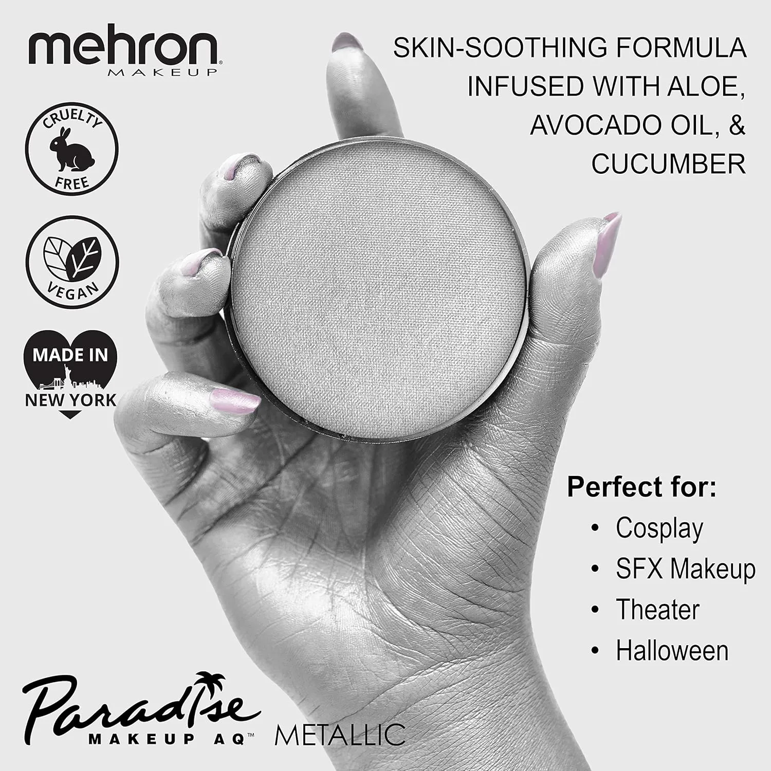 Mehron Makeup Paradise FX Makeup Pro Size | Stage & Screen, Face & Body Painting, Special FX, Beauty, Cosplay, and Halloween | Water Activated Face Paint & Body Paint 1.4 oz (40 g) (Metallic Silver)