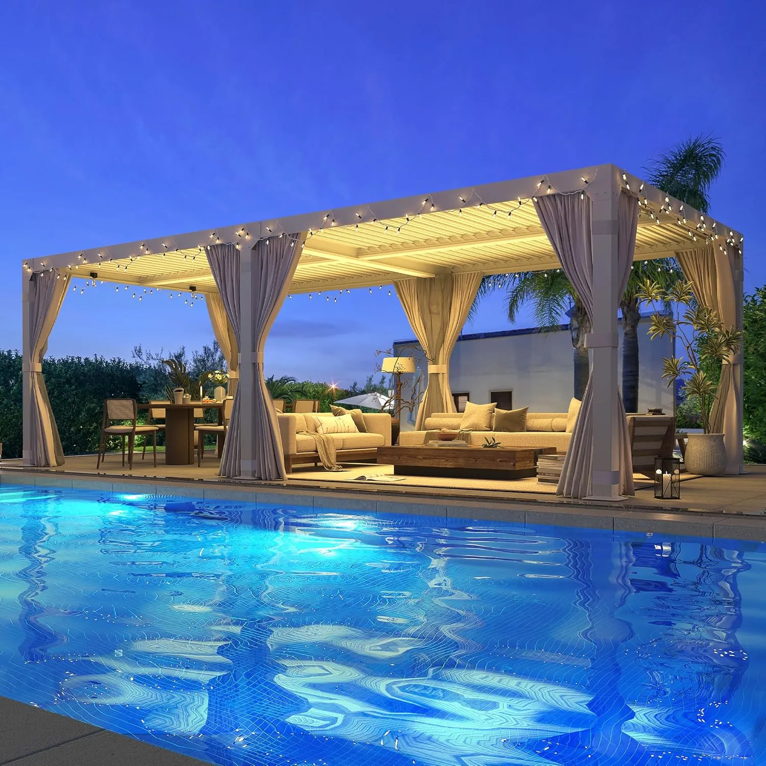 MELLCOM Aluminum Louvered Pergola - 10x20, Adjustable Roof with Waterproof Curtains and Nets, White