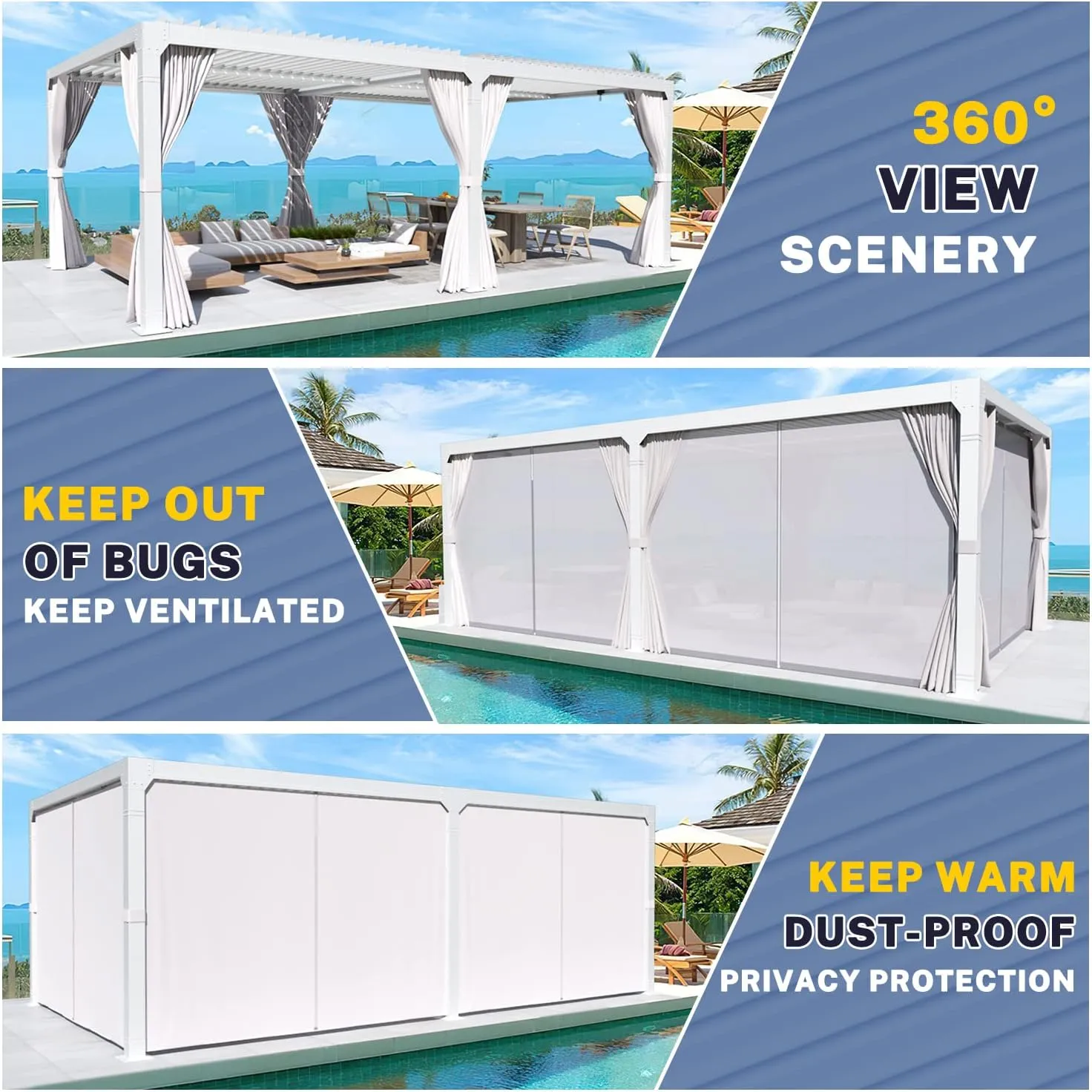 MELLCOM Aluminum Louvered Pergola - 10x20, Adjustable Roof with Waterproof Curtains and Nets, White