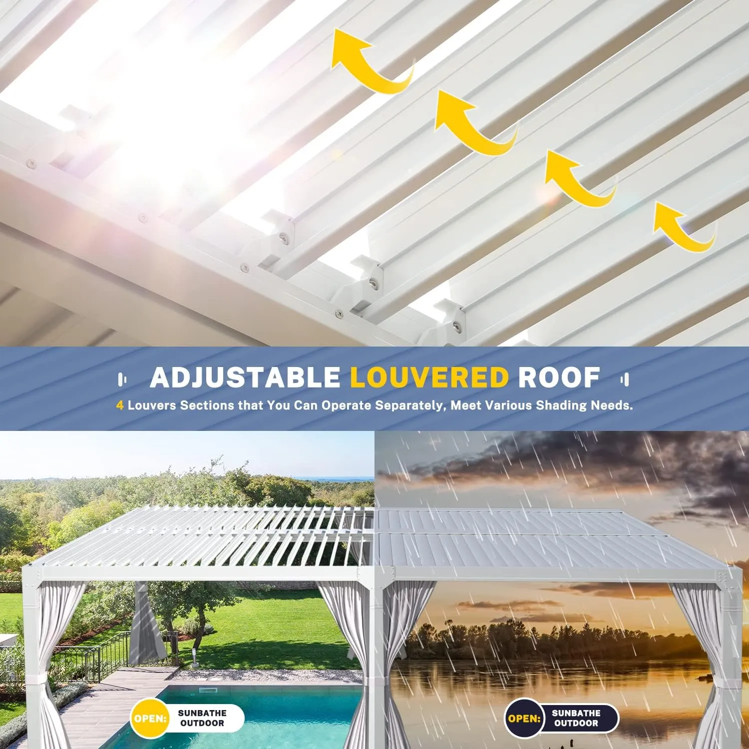 MELLCOM Aluminum Louvered Pergola - 10x20, Adjustable Roof with Waterproof Curtains and Nets, White