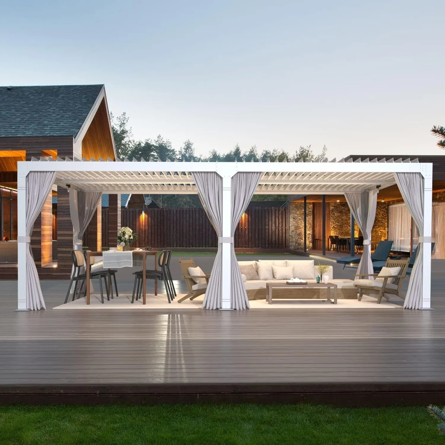 MELLCOM Aluminum Louvered Pergola - 10x20, Adjustable Roof with Waterproof Curtains and Nets, White