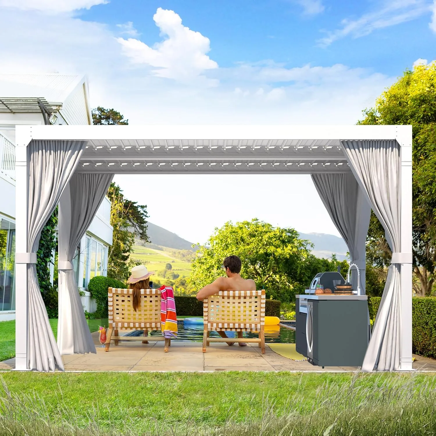 MELLCOM Louvered Pergola 12x12 With Adjustable Aluminum Roof, Waterproof Curtains and Nets, White