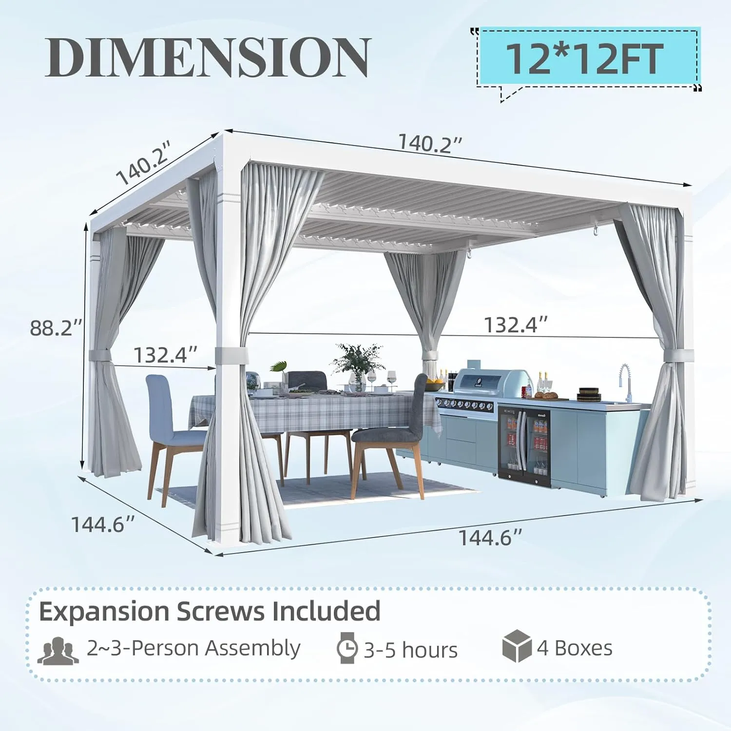 MELLCOM Louvered Pergola 12x12 With Adjustable Aluminum Roof, Waterproof Curtains and Nets, White