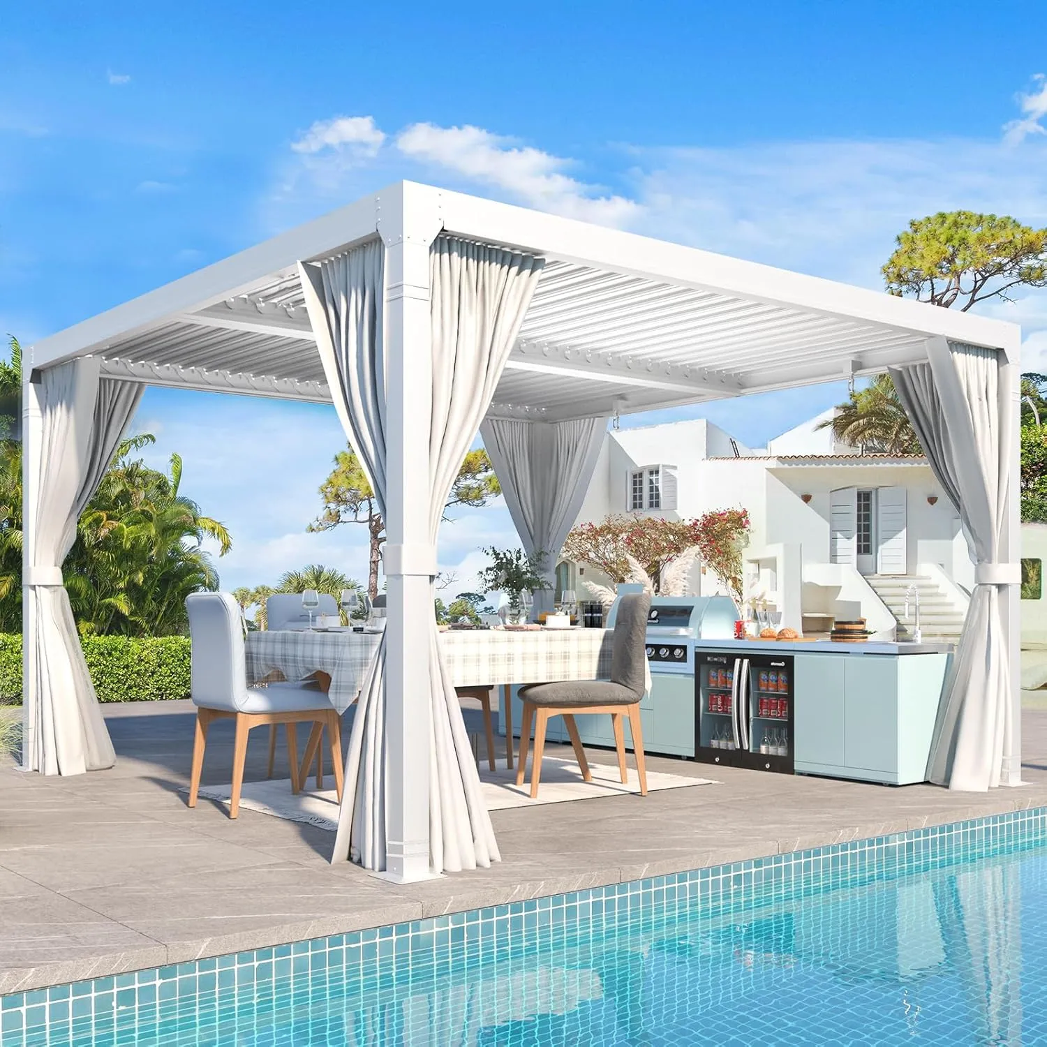 MELLCOM Louvered Pergola 12x12 With Adjustable Aluminum Roof, Waterproof Curtains and Nets, White