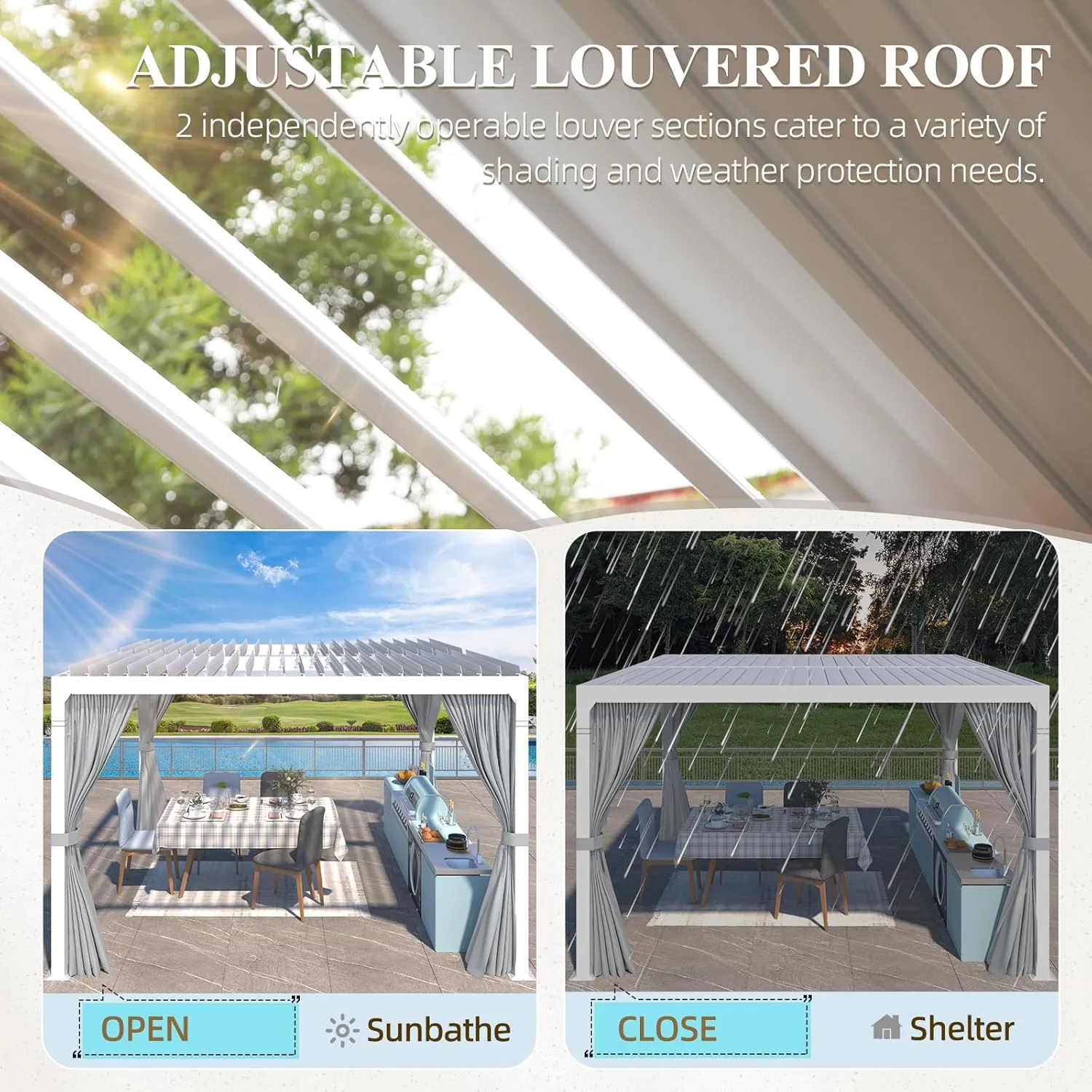 MELLCOM Louvered Pergola 12x12 With Adjustable Aluminum Roof, Waterproof Curtains and Nets, White