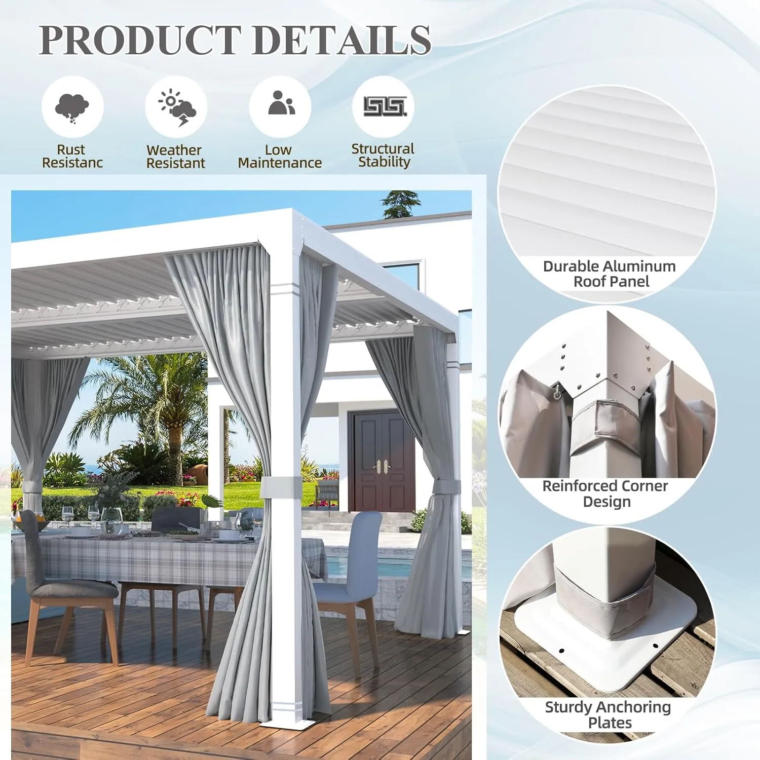MELLCOM Louvered Pergola 12x12 With Adjustable Aluminum Roof, Waterproof Curtains and Nets, White