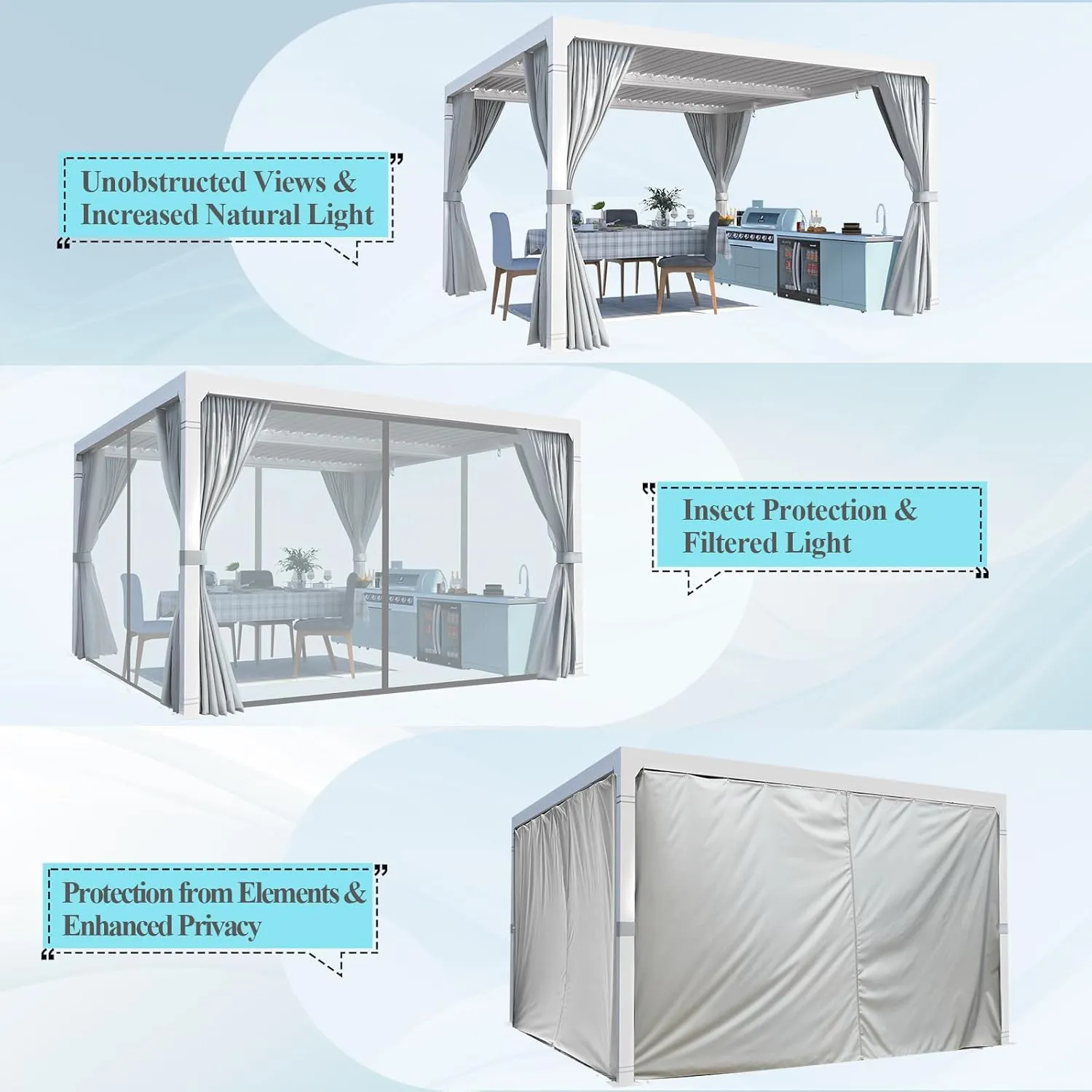 MELLCOM Louvered Pergola 12x12 With Adjustable Aluminum Roof, Waterproof Curtains and Nets, White