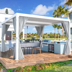 MELLCOM Louvered Pergola 12x12 With Adjustable Aluminum Roof, Waterproof Curtains and Nets, White