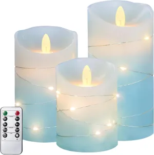 MELTONE Nautical Flameless Candles with String Lights Real Wax Ocean Blue Flickering Battery Operated Candles with Remote Control & Timer - Home Holiday Farmhouse Christmas Decor - Set of 3