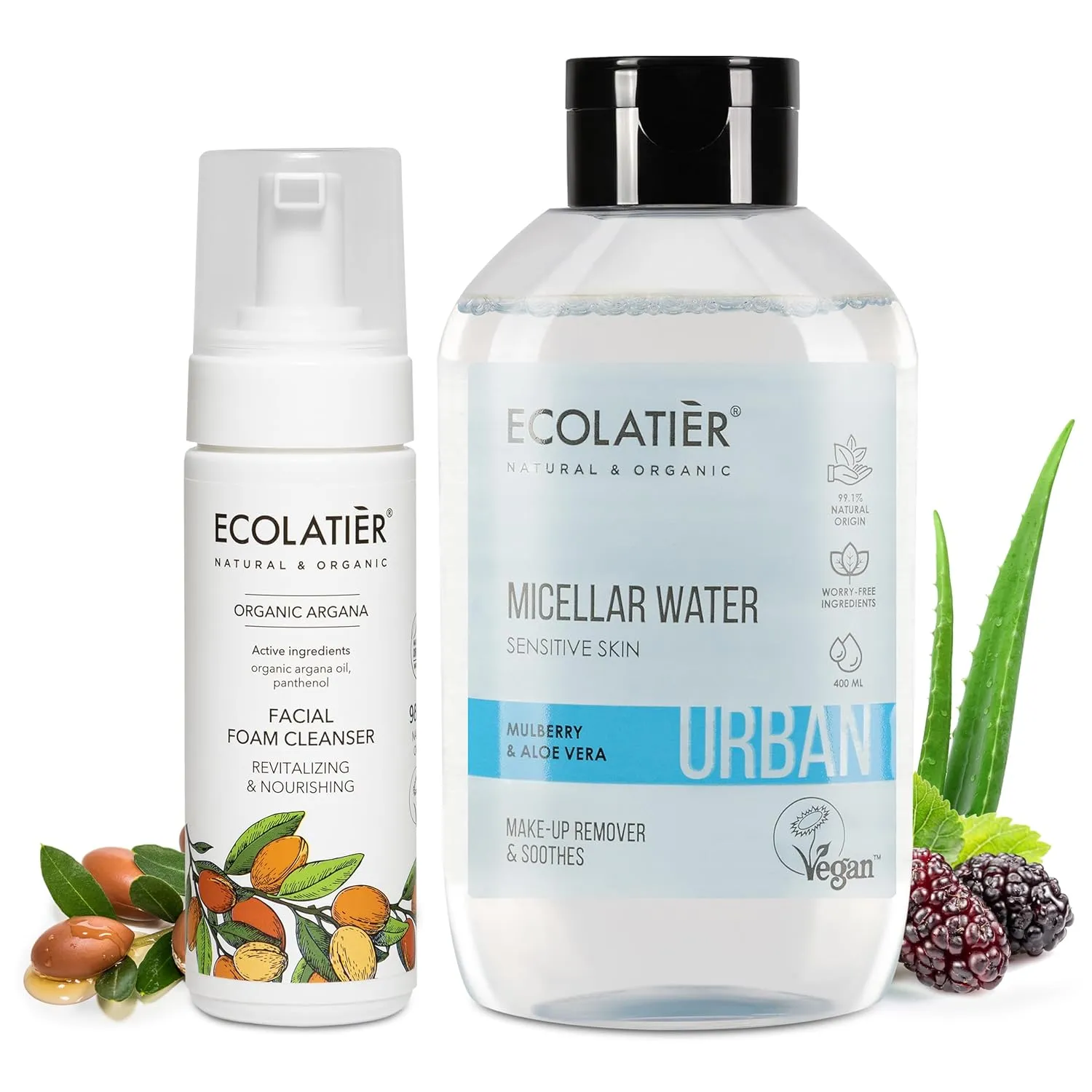 Micellar Water for Sensitive Skin & Facial Foam Cleanser with Organic Argana - Gentle Makeup Remover & Hydrating Cleanser - Nourishing, Calming, & Antioxidant-Rich