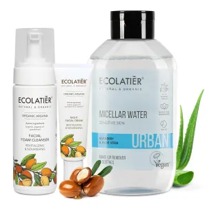 Micellar Water for Sensitive Skin, Facial Foam Cleanser, & Night Facial Cream - Organic Aloe Vera & Argana - Hydrating, Nourishing and Vegan