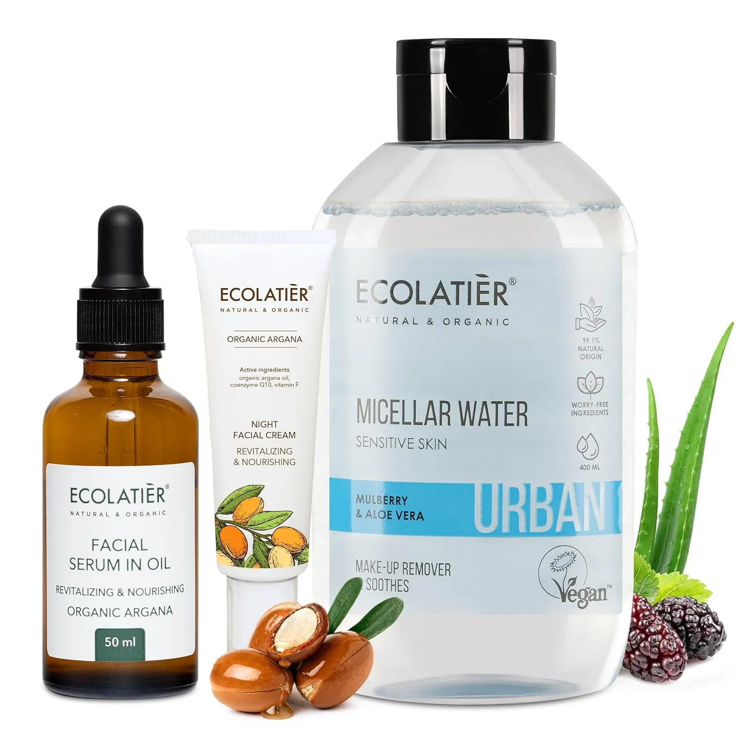 Micellar Water for Sensitive Skin, Night Facial Cream & Facial Serum with Organic Argana - Hydrating, Anti-Aging Skincare Set - Revitalizing & Nourishing, Vegan