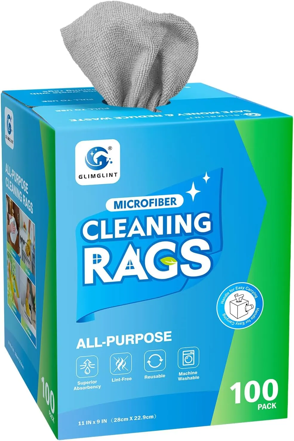 Microfiber Cleaning Cloth, 100 Pack Cleaning Rags, Lint-Free, Ultra Absorbent Reusable Paper Towels for Home, Kitchen, Car, Garage or Shop, Dish Rags, 11" x 9", Grey