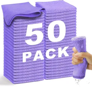 Microfiber Cleaning Cloth-50Pcs (13x13 inch) Ultra Soft, Highly Absorbent Rags for Cleaning, Reusable & Lint Free, Machine Wash (Purple)
